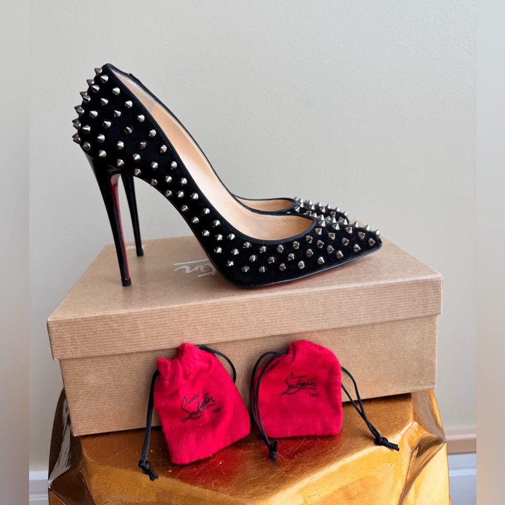 Christian Louboutin Follies Spikes 100 Velvet Patent Heel, Size 40 (US 9-9.5)
